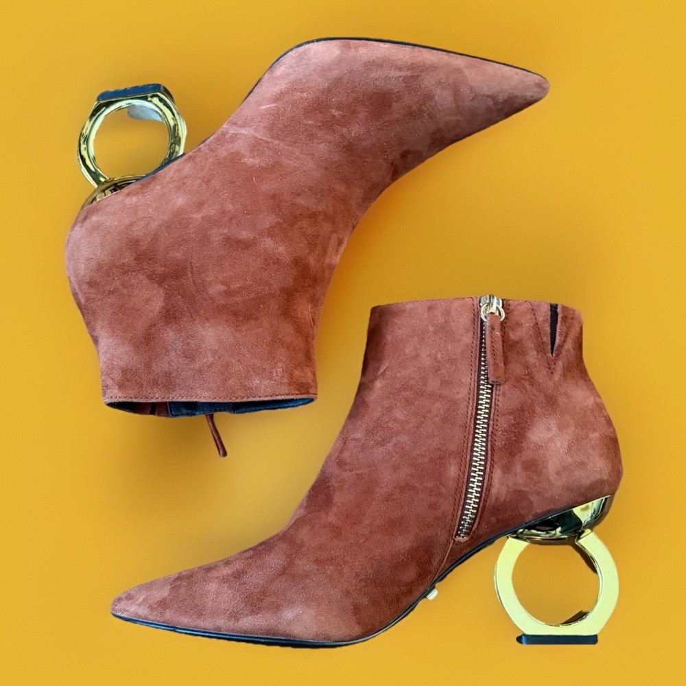 Kat Maconie Alba Brown Velvet Ankle Bootie Gold Chain Heel Zip Women's Boot Sz 6